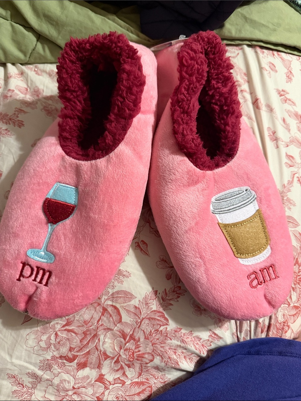 Cozy Plush AM/PM Pink Indoor Slippers with Embroidered Coffee & Wine